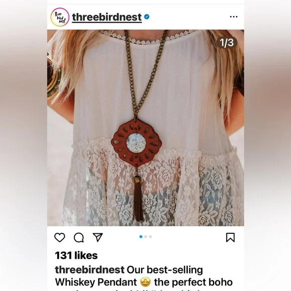 Three Bird Nest Boho Whiskey Pendant Necklace - Brown and Gold - Picture 2 of 6